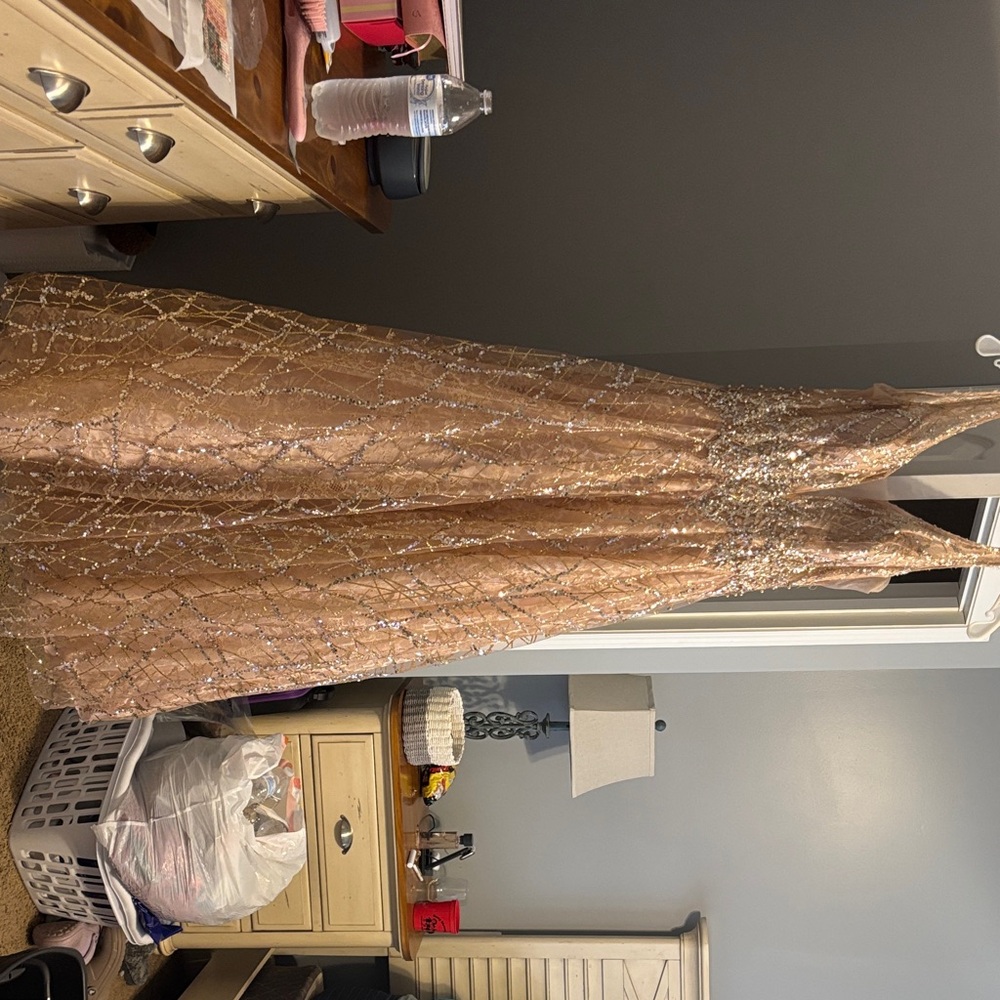 cinq a sept Rose Gold Sequin Dress with Lace Detail
